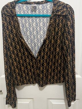 Women’s Button-Down Shirt in Brown and Black Floral Geo Print